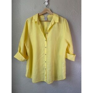 Chicos No Iron 100% Linen Button Down Shirt Yellow 3/4 Sleeve Size 2 US 12